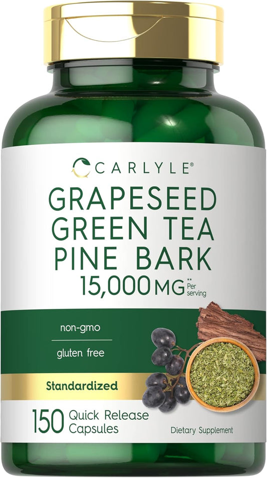 Carlyle Grapeseed, Green Tea, Pine Bark Supplement | 15,000mg | 150 Capsules | Non-GMO & Gluten-Free