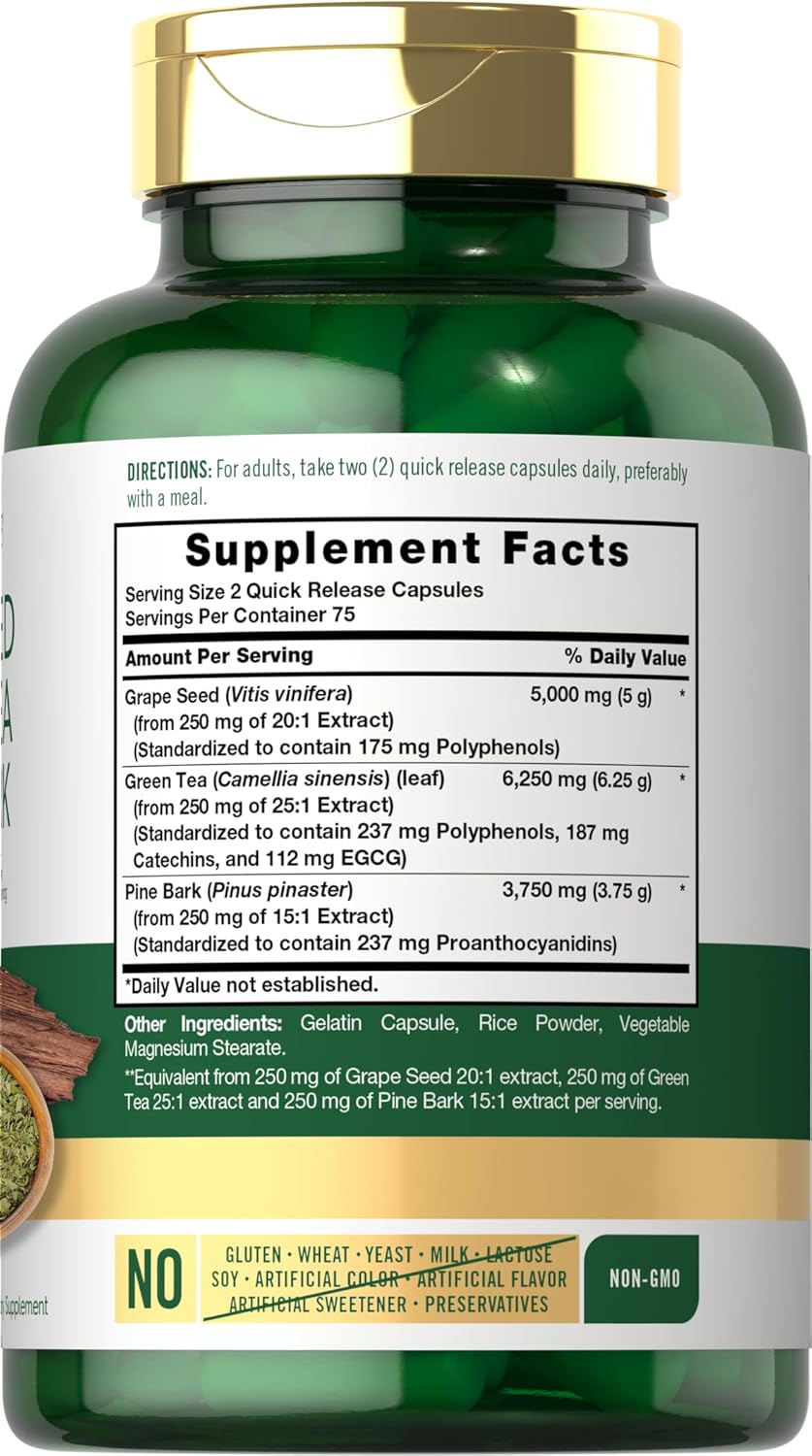 Carlyle Grapeseed, Green Tea, Pine Bark Supplement | 15,000mg | 150 Capsules | Non-GMO & Gluten-Free