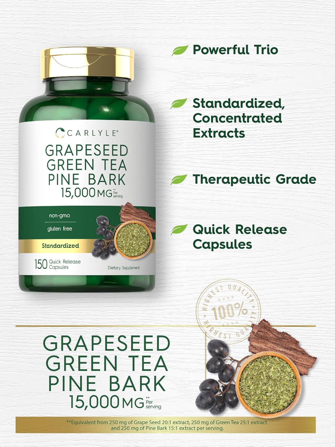 Carlyle Grapeseed, Green Tea, Pine Bark Supplement | 15,000mg | 150 Capsules | Non-GMO & Gluten-Free