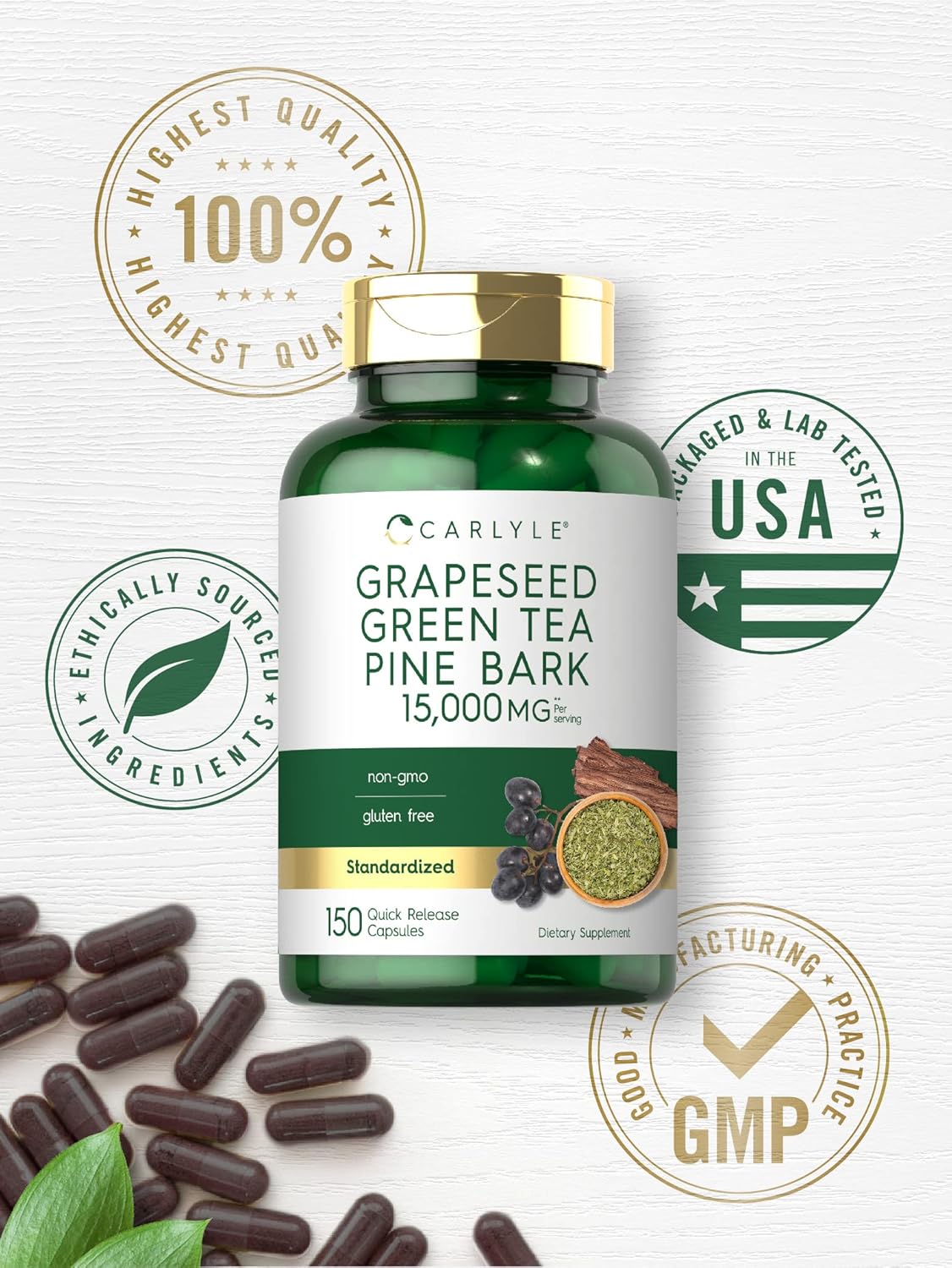 Carlyle Grapeseed, Green Tea, Pine Bark Supplement | 15,000mg | 150 Capsules | Non-GMO & Gluten-Free