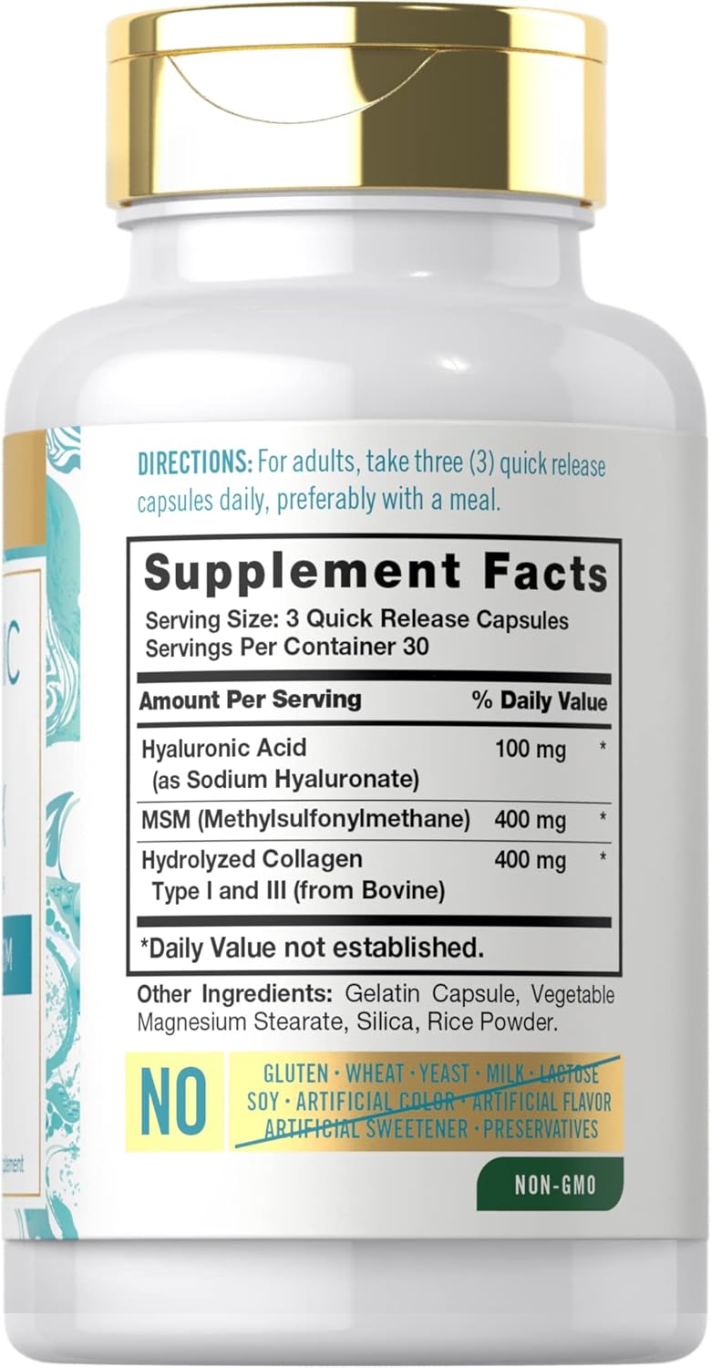 Carlyle Hyaluronic Acid Complex Capsules 900mg | Collagen, MSM | Non-GMO, Gluten Free - 90 Count
