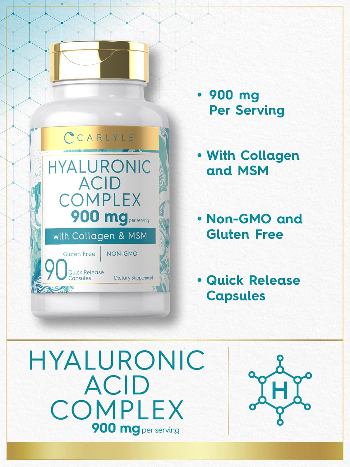 Carlyle Hyaluronic Acid Complex Capsules 900mg | Collagen, MSM | Non-GMO, Gluten Free - 90 Count