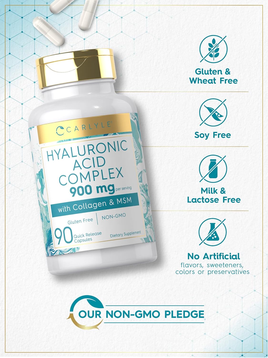 Carlyle Hyaluronic Acid Complex Capsules 900mg | Collagen, MSM | Non-GMO, Gluten Free - 90 Count