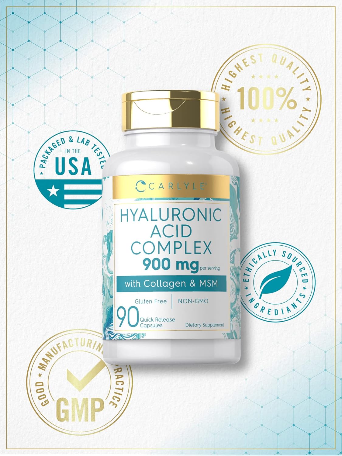 Carlyle Hyaluronic Acid Complex Capsules 900mg | Collagen, MSM | Non-GMO, Gluten Free - 90 Count