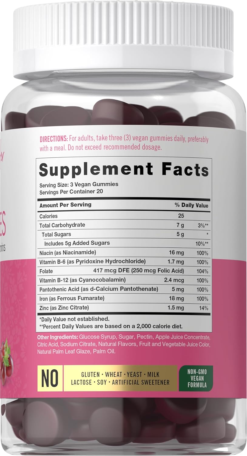 Carlyle Iron Gummies with B-Complex Vitamins - 60 Vegan Gummies - Grape Flavor - Non-GMO and Gluten Free