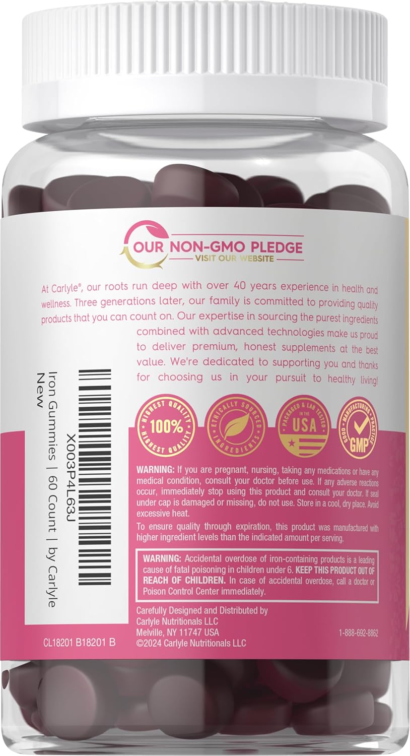 Carlyle Iron Gummies with B-Complex Vitamins - 60 Vegan Gummies - Grape Flavor - Non-GMO and Gluten Free