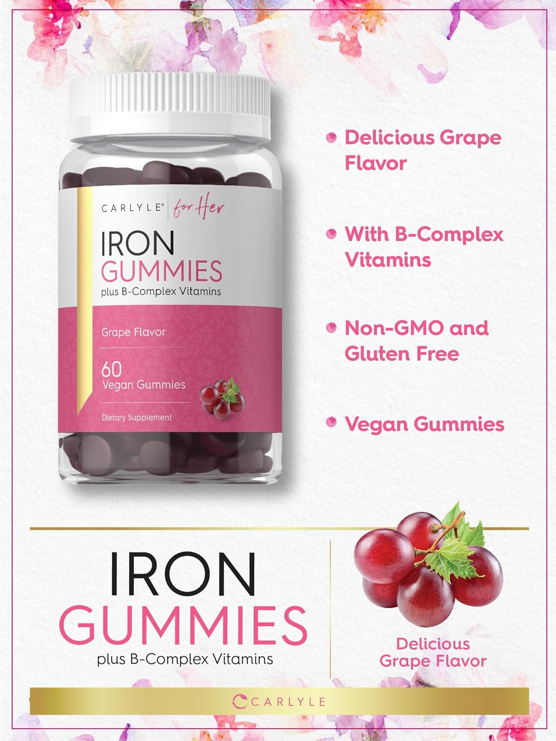 Carlyle Iron Gummies with B-Complex Vitamins - 60 Vegan Gummies - Grape Flavor - Non-GMO and Gluten Free