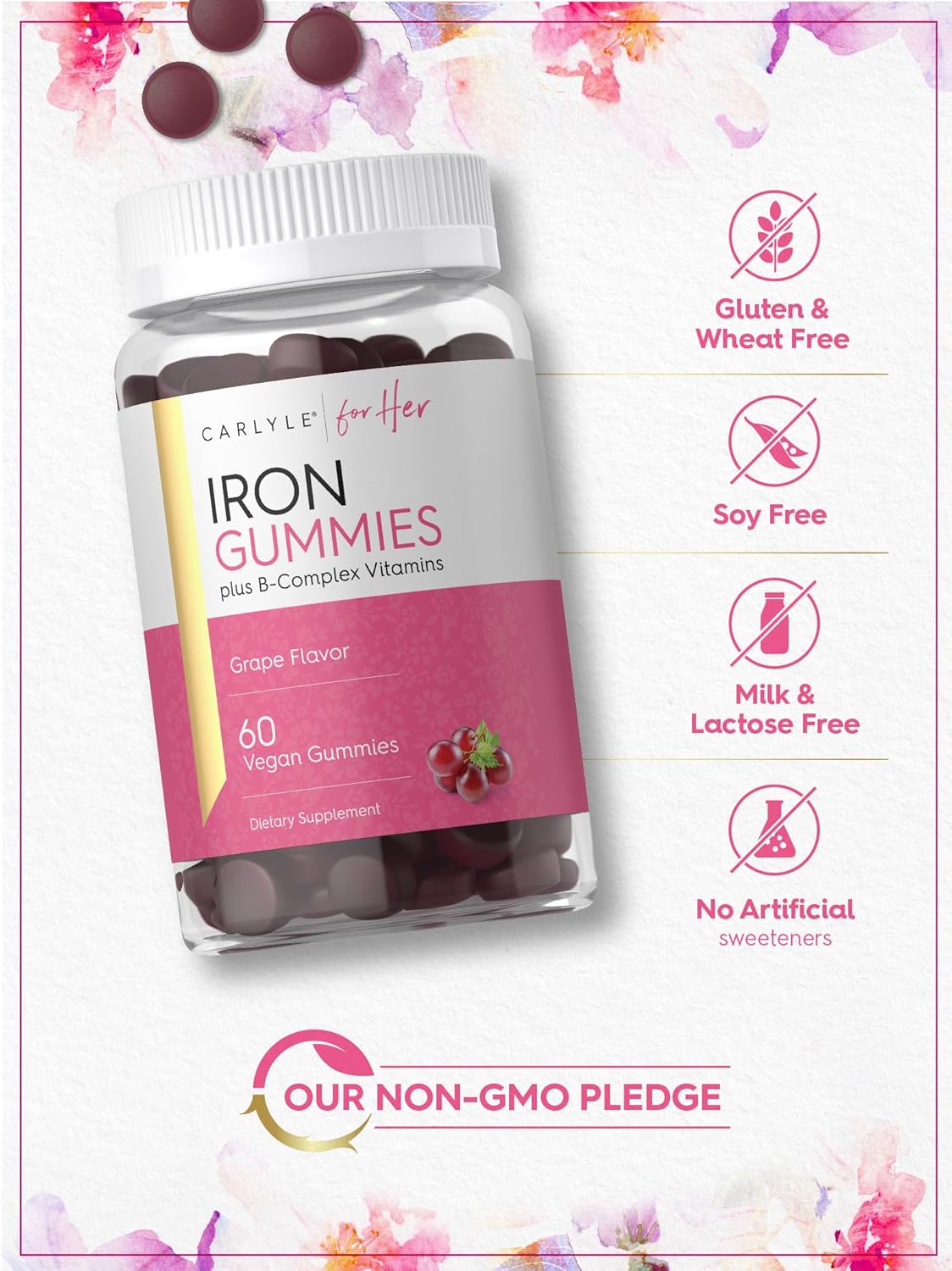 Carlyle Iron Gummies with B-Complex Vitamins - 60 Vegan Gummies - Grape Flavor - Non-GMO and Gluten Free