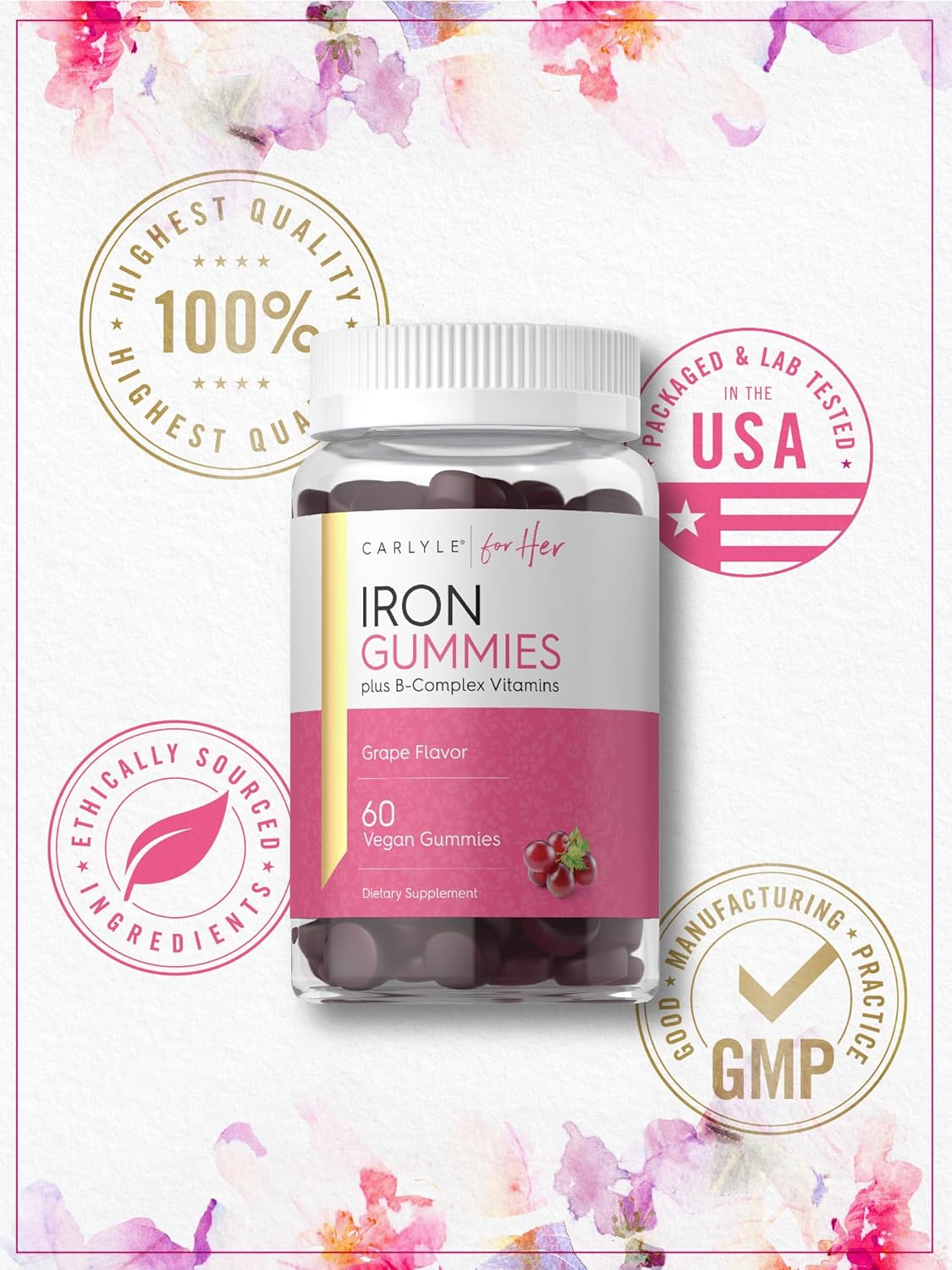 Carlyle Iron Gummies with B-Complex Vitamins - 60 Vegan Gummies - Grape Flavor - Non-GMO and Gluten Free