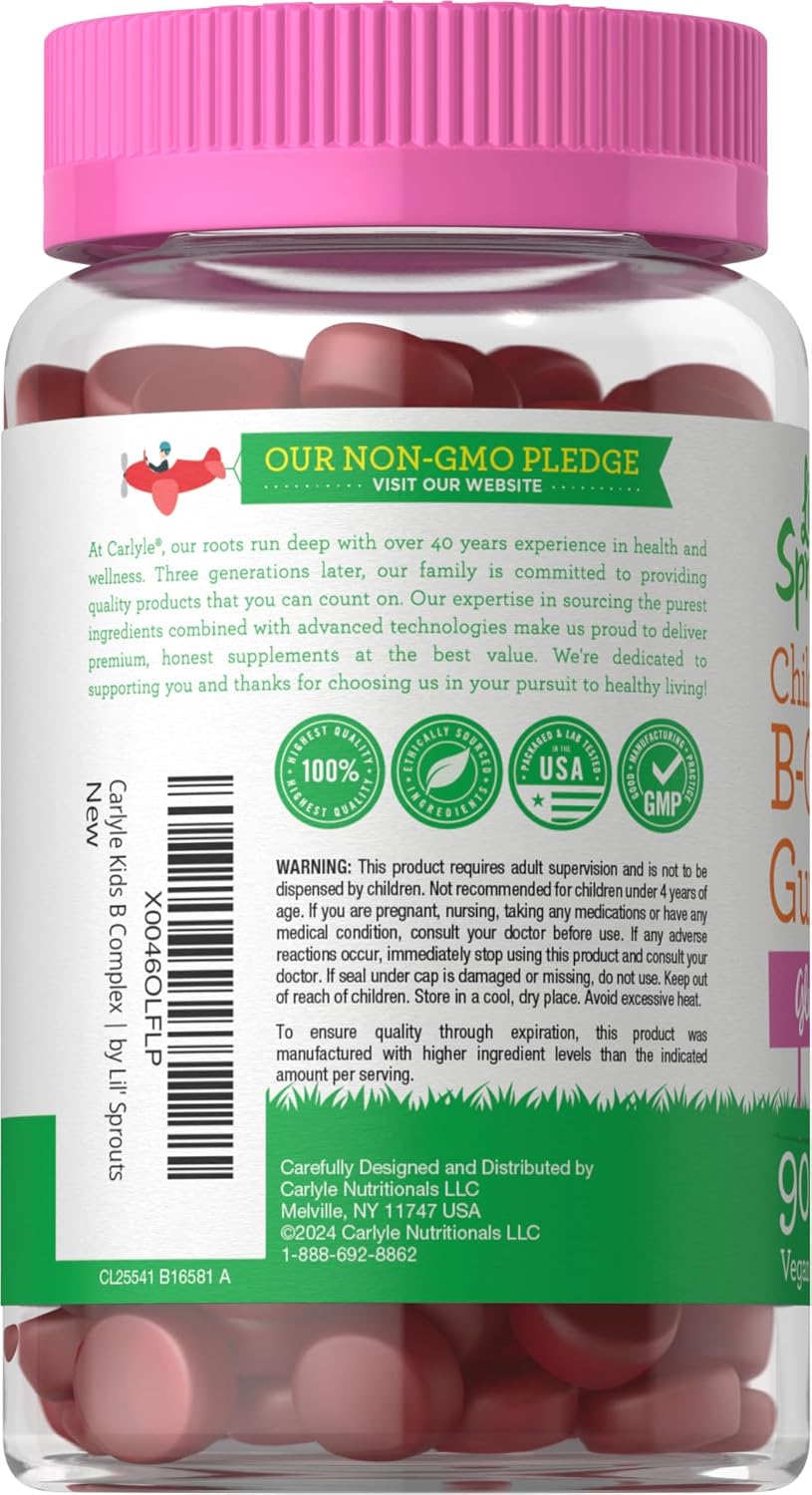 Carlyle Kids Peach Raspberry B Complex Gummies - 90 Count, Non-GMO, Gluten Free & Vegan - Lil' Sprouts Sugar-Free Supplement