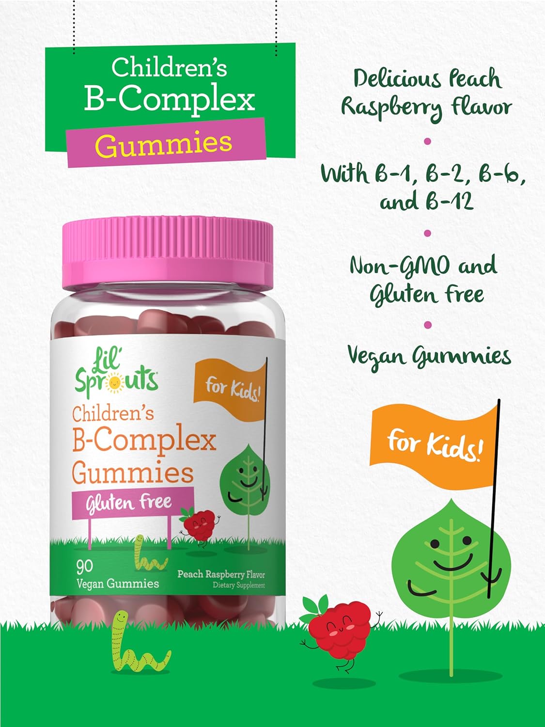 Carlyle Kids Peach Raspberry B Complex Gummies - 90 Count, Non-GMO, Gluten Free & Vegan - Lil' Sprouts Sugar-Free Supplement