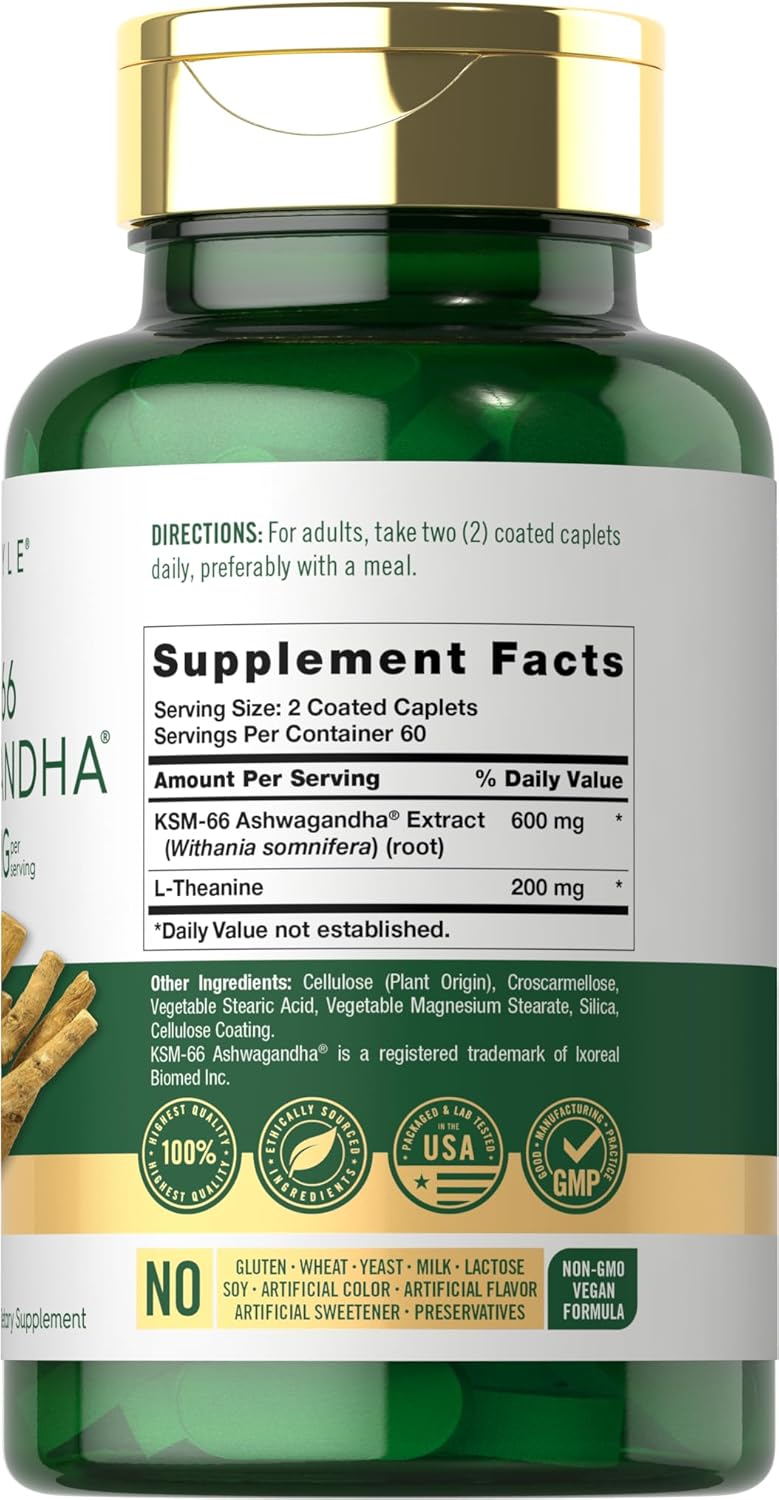 Carlyle KSM-66 Ashwagandha 600mg Supplement with L-Theanine - 120 Caplets, Vegan, Non-GMO, Gluten Free
