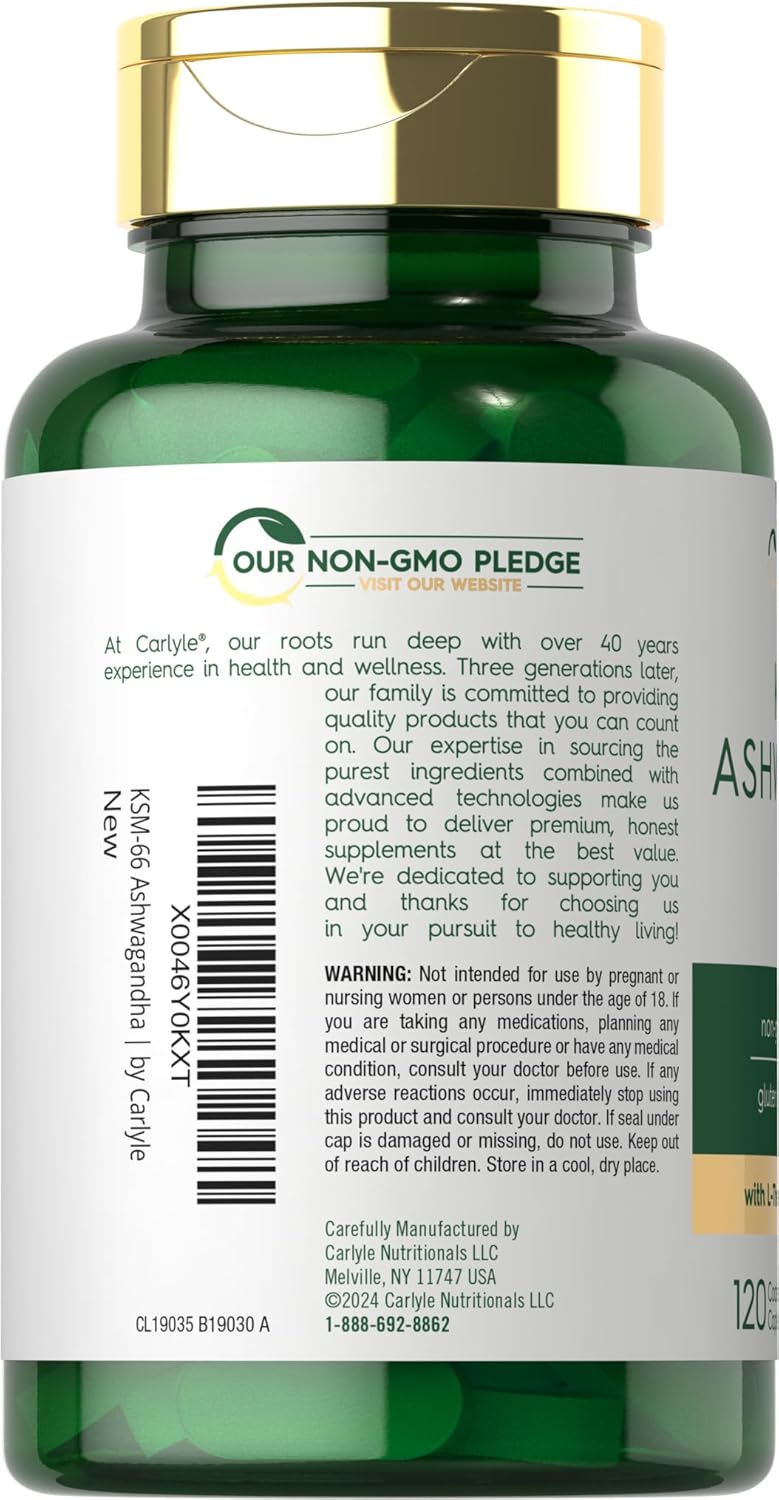 Carlyle KSM-66 Ashwagandha 600mg Supplement with L-Theanine - 120 Caplets, Vegan, Non-GMO, Gluten Free