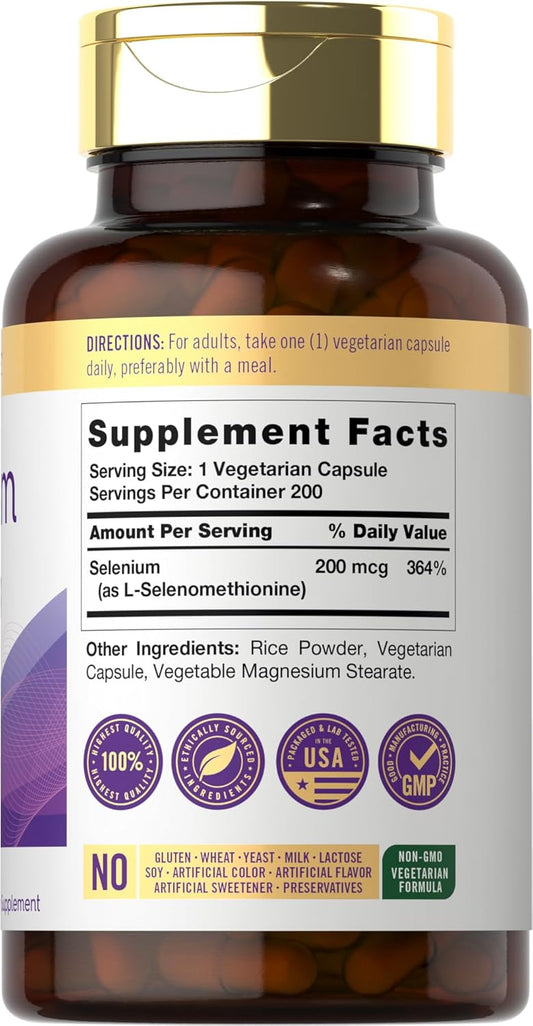 Carlyle L-Selenomethionine Selenium Supplement Capsules 200mcg - Vegetarian, Non-GMO, Gluten Free Formula - 200 Count Value Size