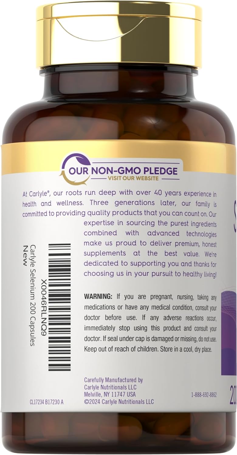 Carlyle L-Selenomethionine Selenium Supplement Capsules 200mcg - Vegetarian, Non-GMO, Gluten Free Formula - 200 Count Value Size