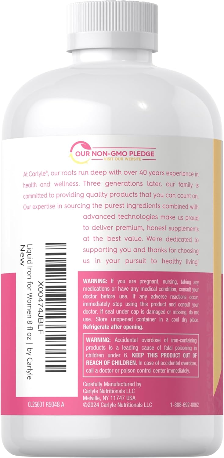 Carlyle Liquid Iron Drops for Women | 8 fl oz | Fruit Punch Flavor | Vegetarian, Non-GMO, Gluten Free Iron Supplement