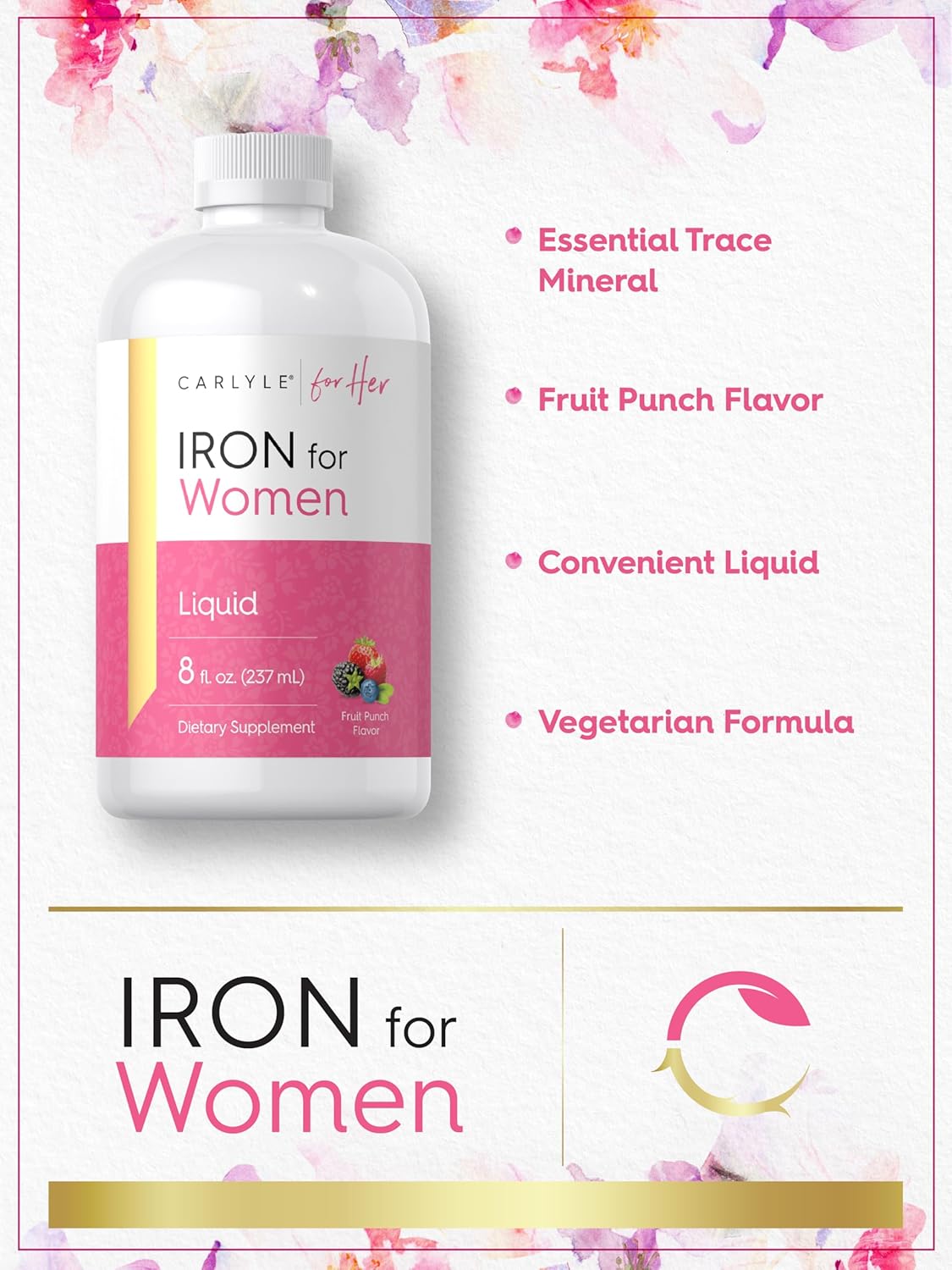 Carlyle Liquid Iron Drops for Women | 8 fl oz | Fruit Punch Flavor | Vegetarian, Non-GMO, Gluten Free Iron Supplement