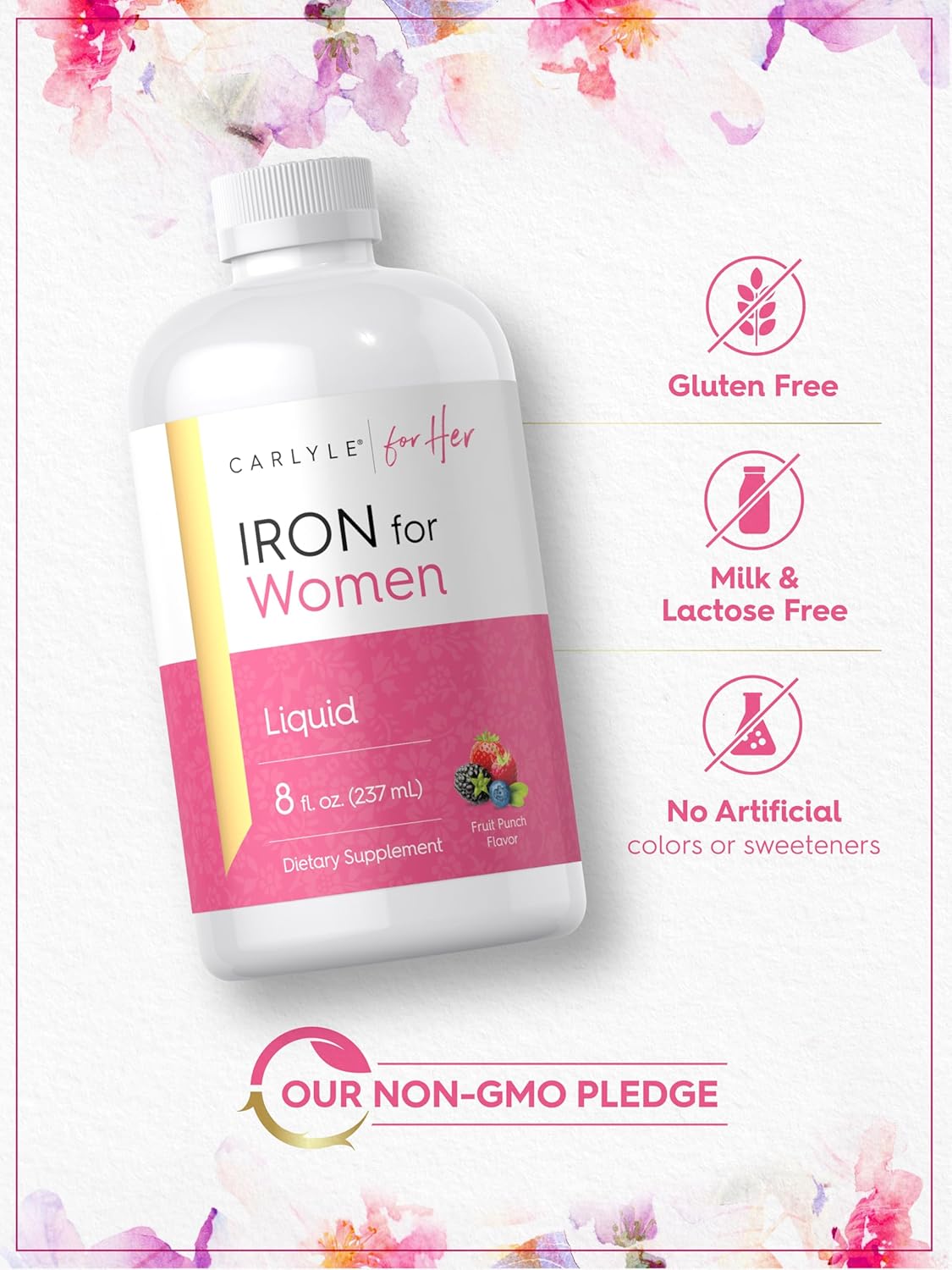 Carlyle Liquid Iron Drops for Women | 8 fl oz | Fruit Punch Flavor | Vegetarian, Non-GMO, Gluten Free Iron Supplement