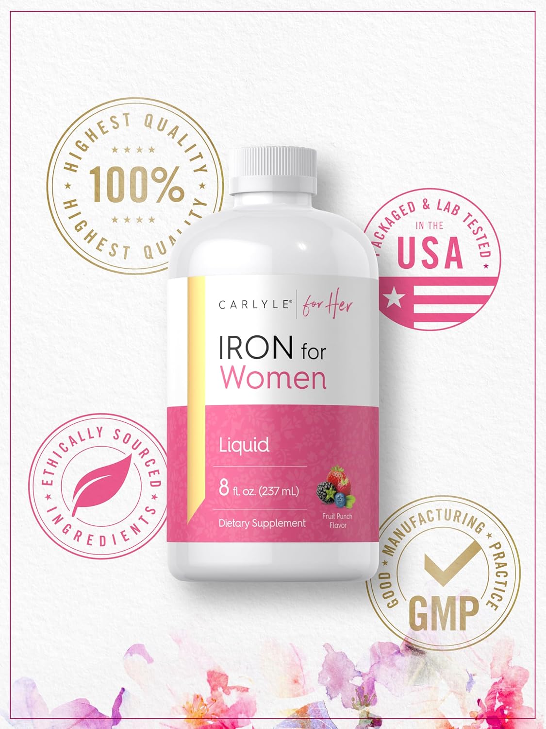 Carlyle Liquid Iron Drops for Women | 8 fl oz | Fruit Punch Flavor | Vegetarian, Non-GMO, Gluten Free Iron Supplement