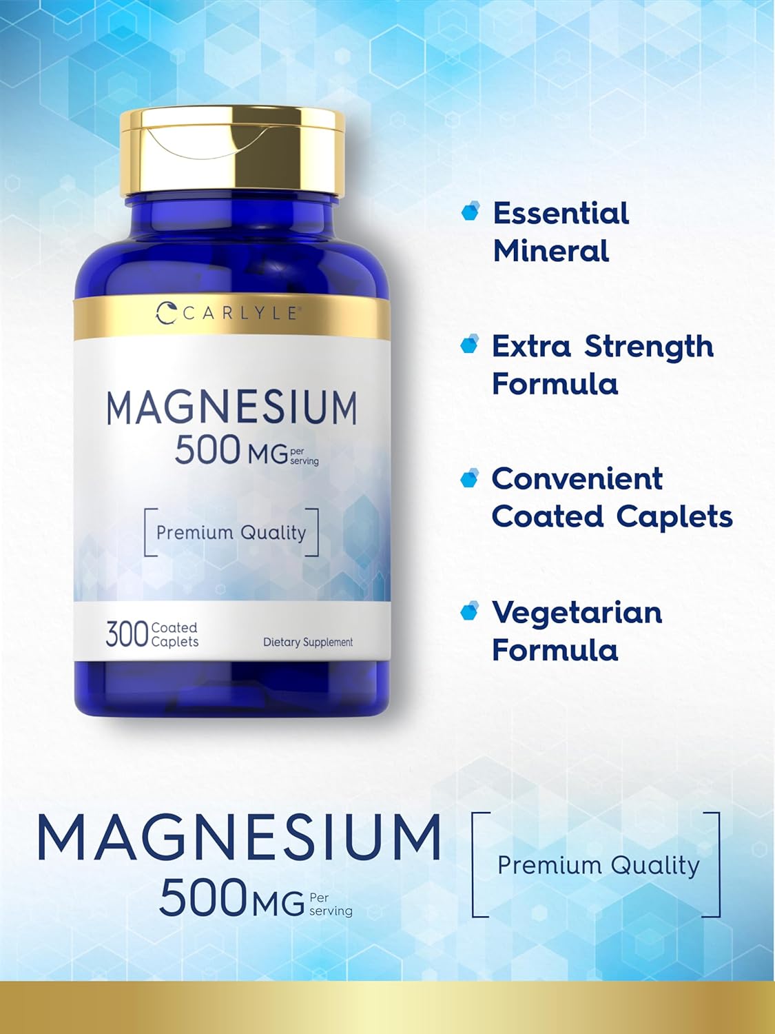 Carlyle Magnesium 500mg Supplement - 300 Coated Caplets, Vegetarian, Non-GMO, Gluten Free
