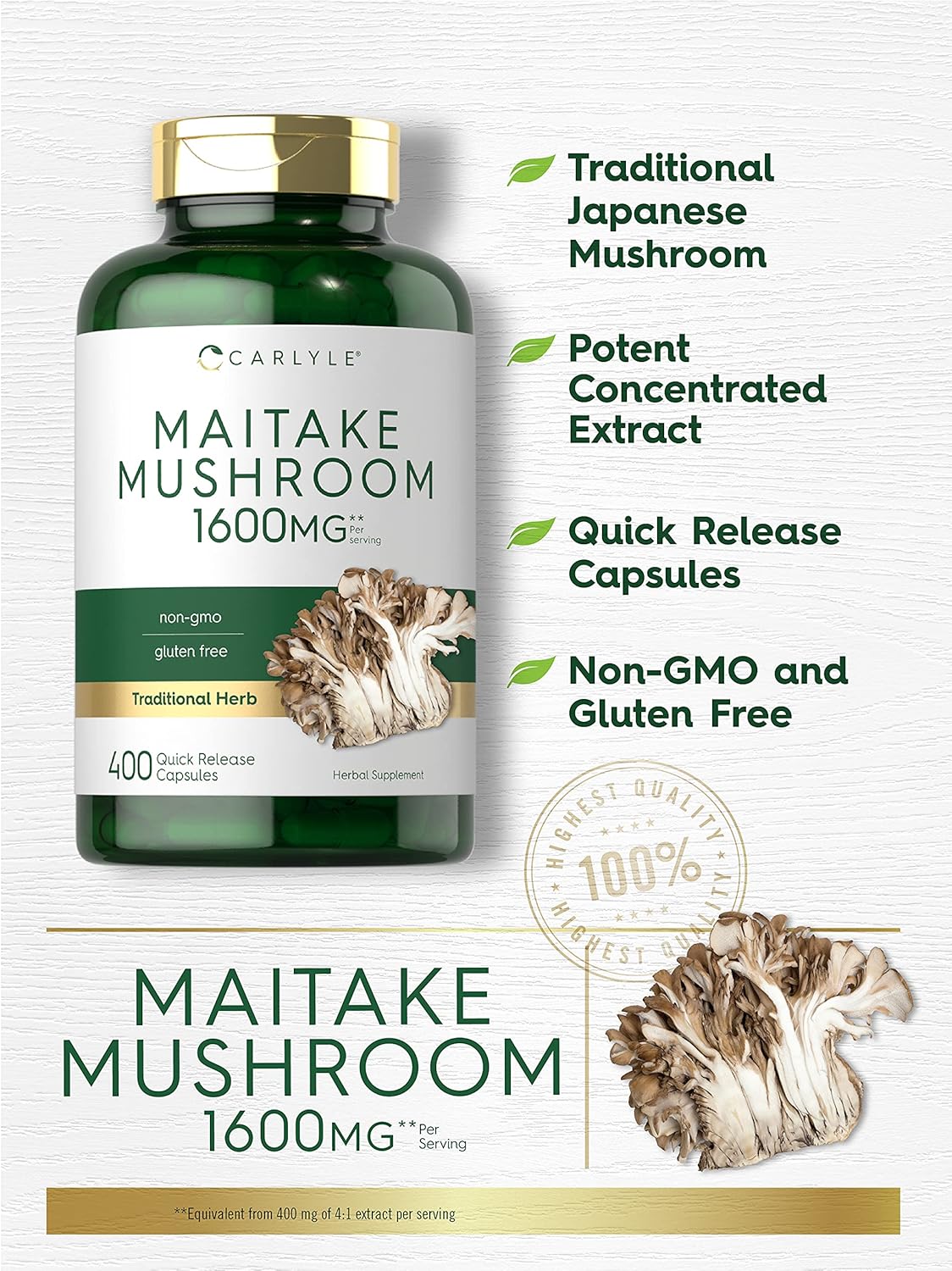 Carlyle Maitake Mushroom Capsules 1600mg 400 Count Non-GMO Gluten Free Supplement
