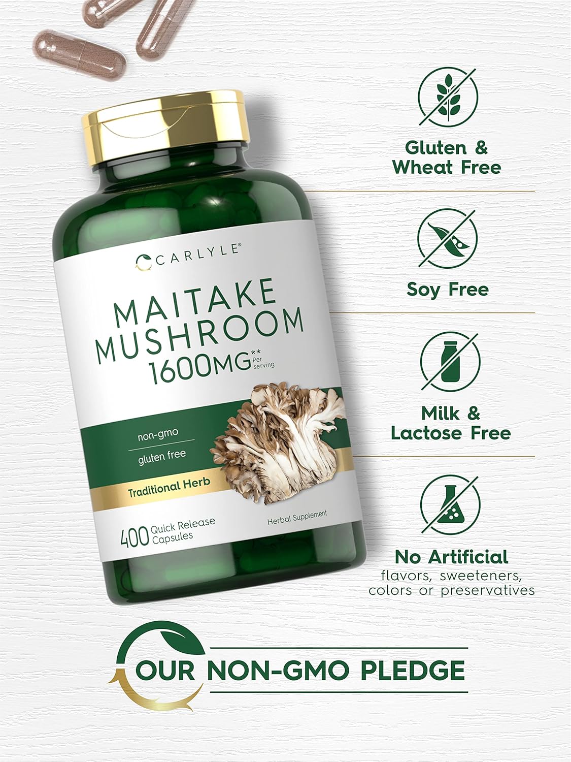 Carlyle Maitake Mushroom Capsules 1600mg 400 Count Non-GMO Gluten Free Supplement