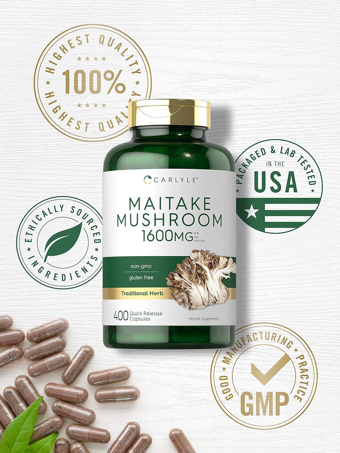 Carlyle Maitake Mushroom Capsules 1600mg 400 Count Non-GMO Gluten Free Supplement