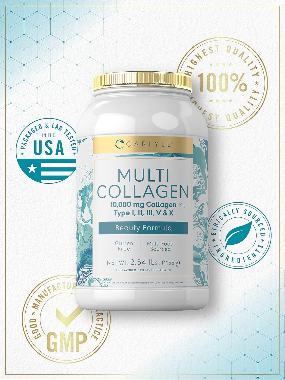 Carlyle Multi Collagen Peptides Powder 40 oz | 10000 mg | Types I, II, III, V & X | Protein Supplement | Multi Food Sourced & Gluten Free