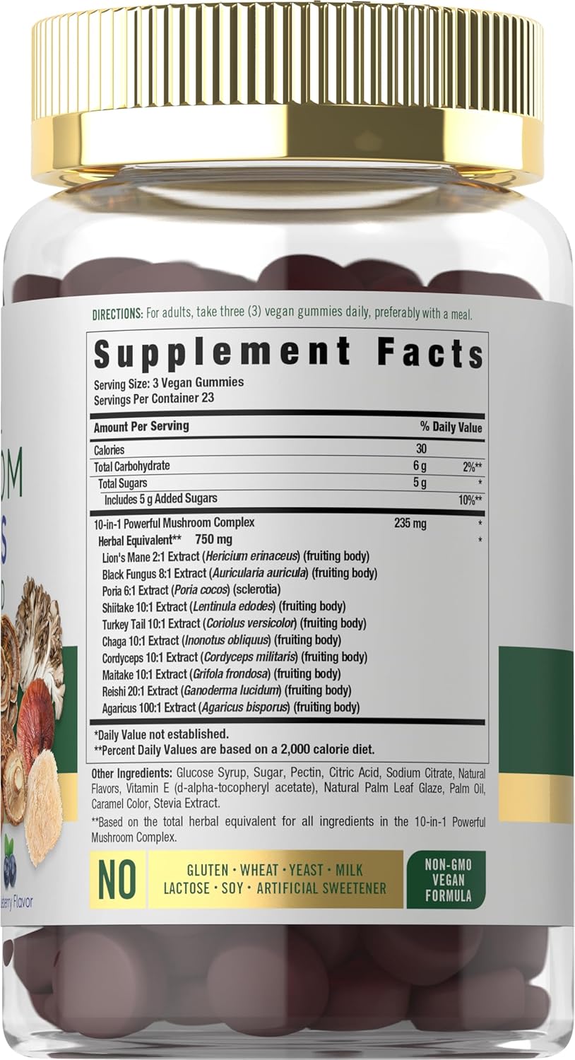 Carlyle Mushroom Supplement Gummies - 70 Vegan Gummies - 10-in-1 Blend - Non-GMO and Gluten-Free