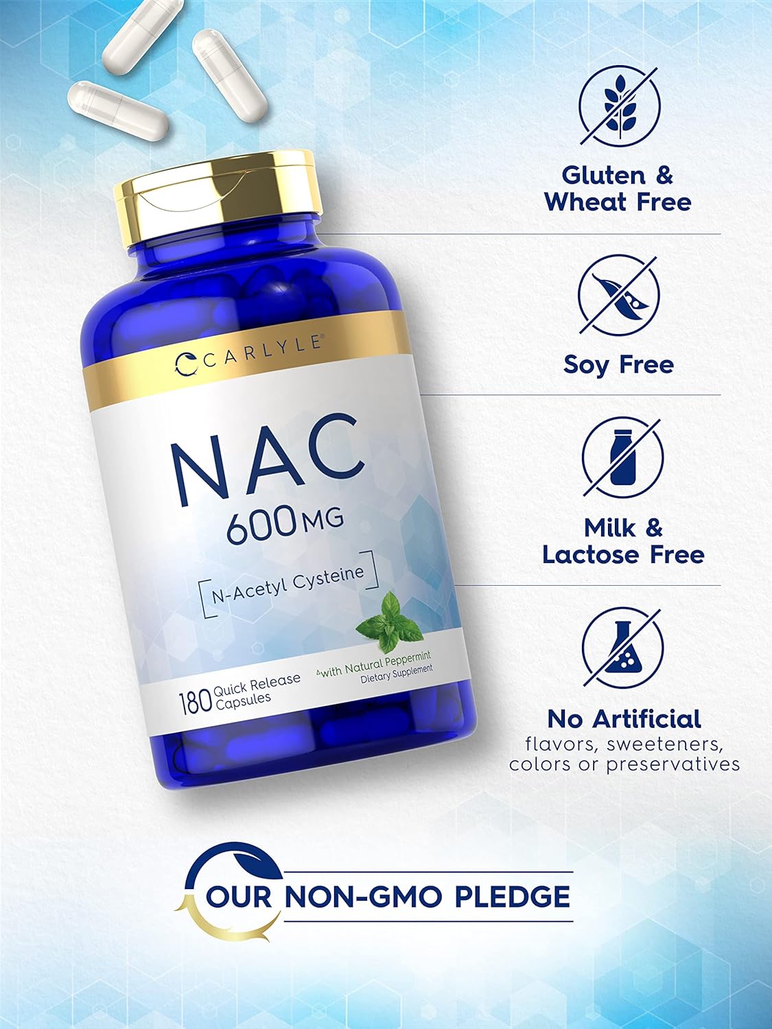 Carlyle NAC N-Acetyl Cysteine Capsules 600mg - 180 Count with Peppermint | Free Form Non-GMO Gluten Free Supplement