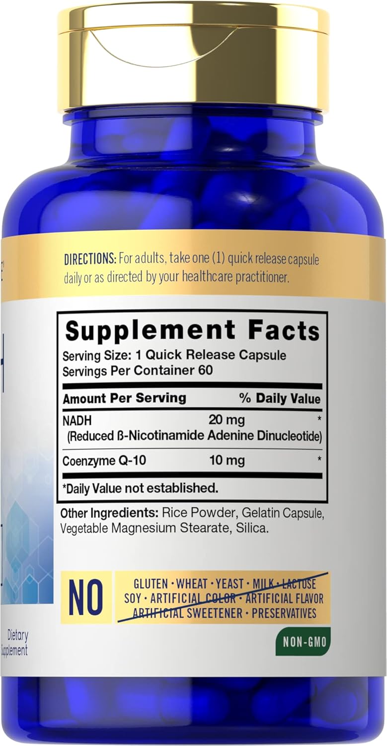 Carlyle NADH CoQ10 Supplement 20mg | Mega Strength | 60 Capsules | Non-GMO & Gluten Free