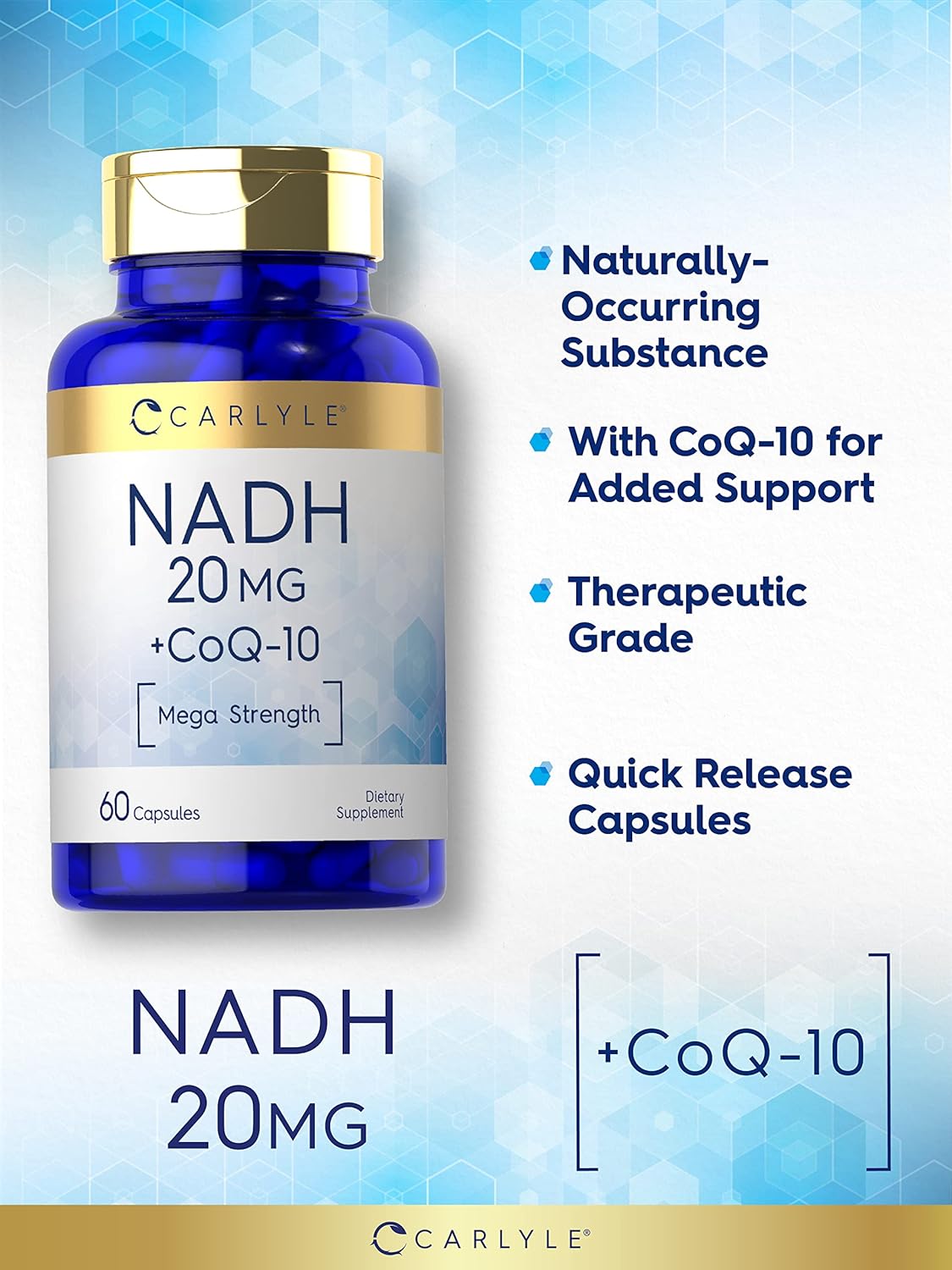 Carlyle NADH CoQ10 Supplement 20mg | Mega Strength | 60 Capsules | Non-GMO & Gluten Free