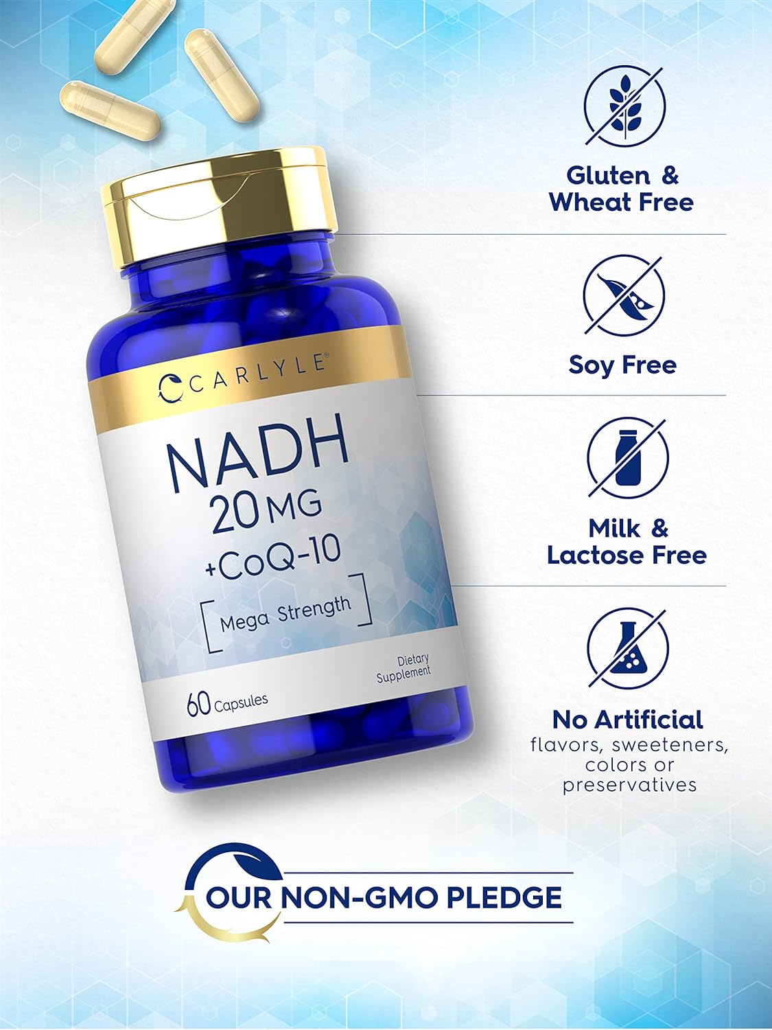 Carlyle NADH CoQ10 Supplement 20mg | Mega Strength | 60 Capsules | Non-GMO & Gluten Free