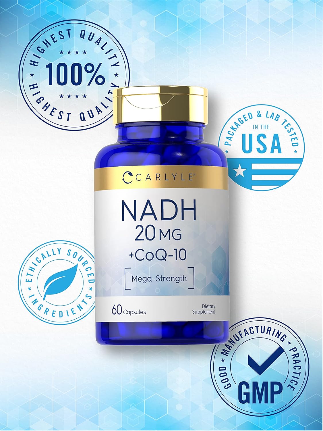 Carlyle NADH CoQ10 Supplement 20mg | Mega Strength | 60 Capsules | Non-GMO & Gluten Free