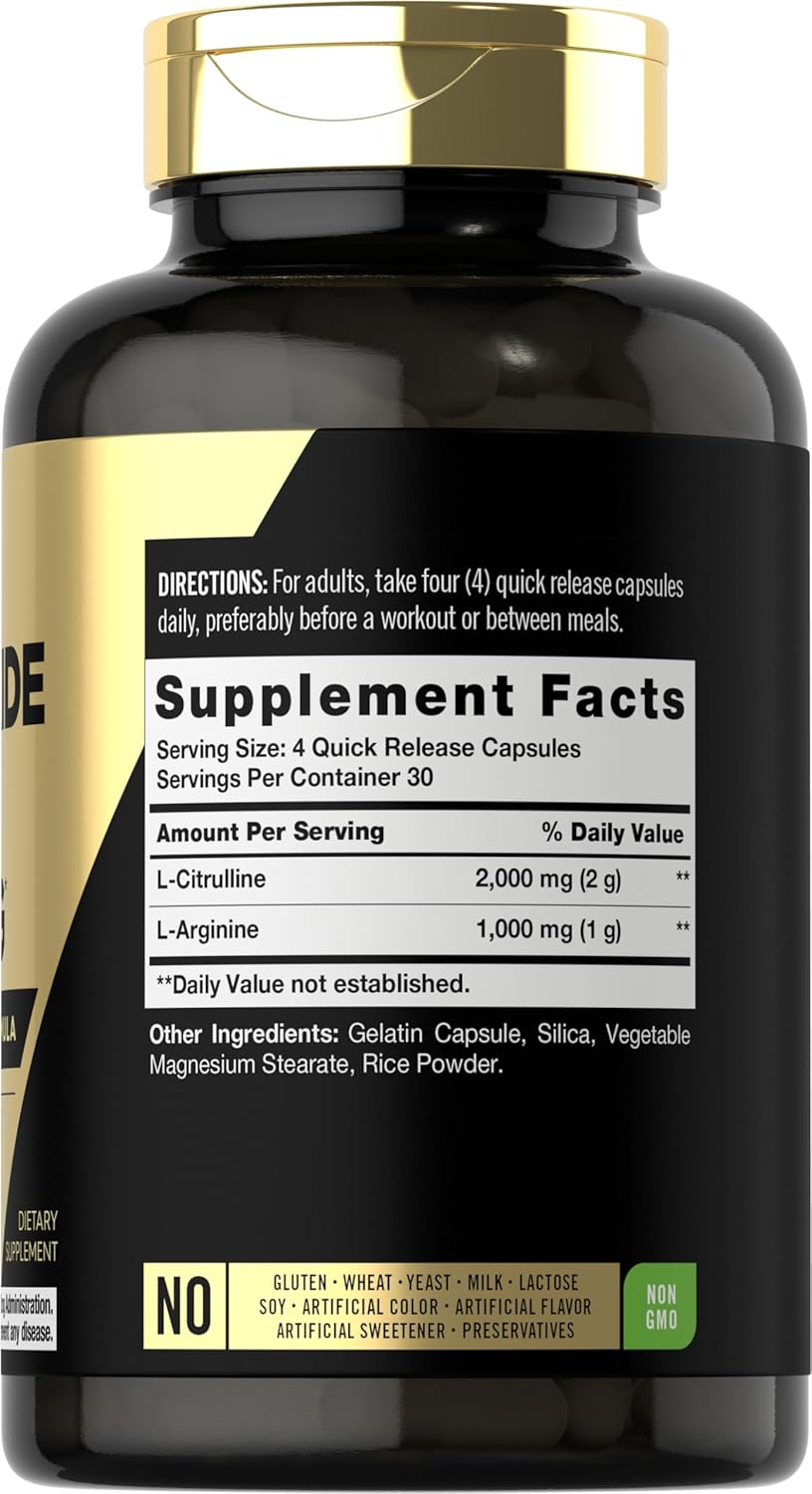 Carlyle Nitric Oxide Pre Workout Supplement 3000mg with L-Arginine & L-Citrulline - 120 Capsules, Non-GMO, Gluten Free