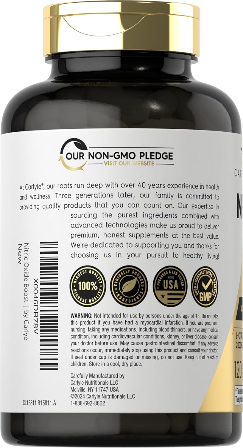 Carlyle Nitric Oxide Pre Workout Supplement 3000mg with L-Arginine & L-Citrulline - 120 Capsules, Non-GMO, Gluten Free