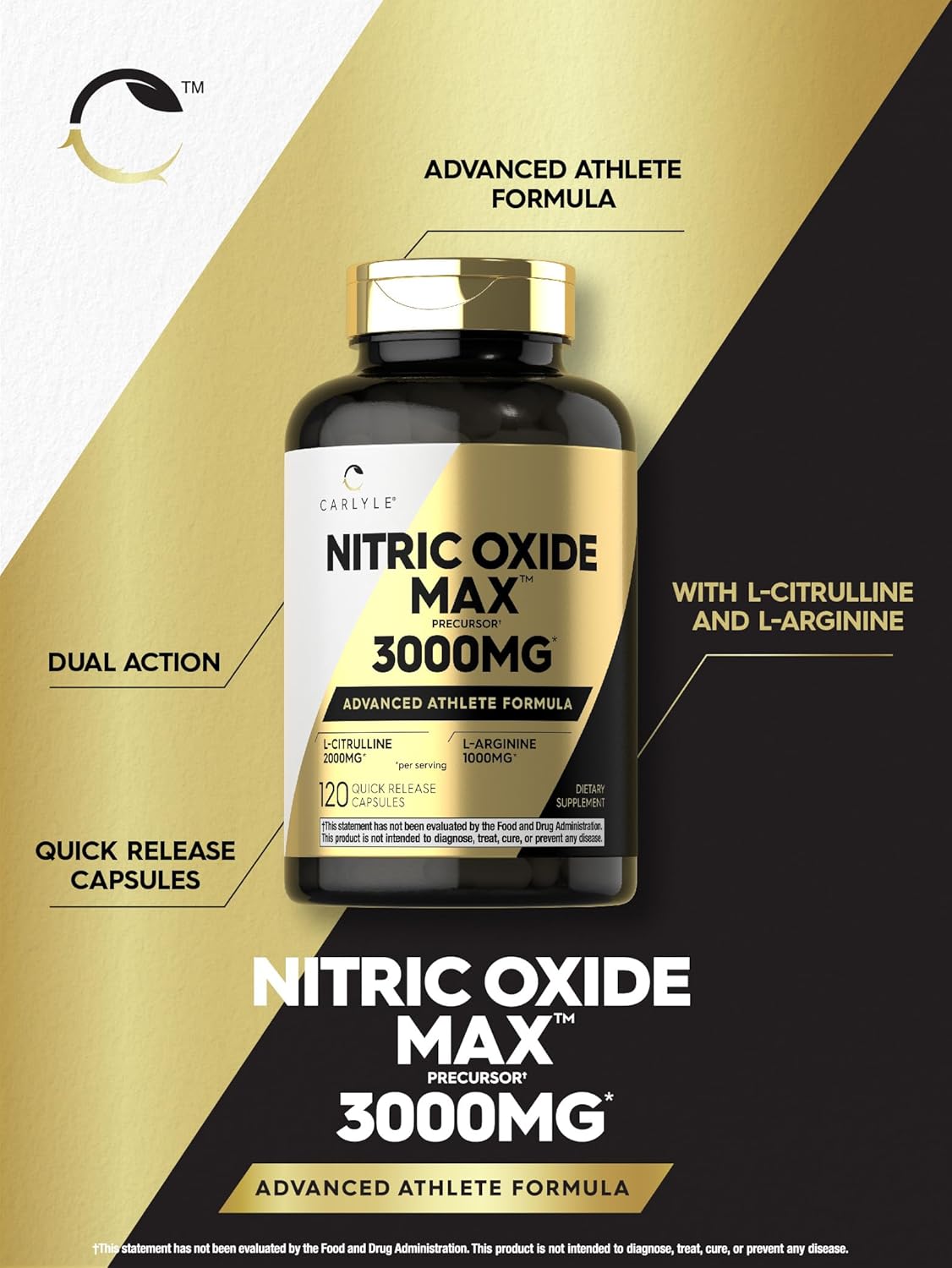Carlyle Nitric Oxide Pre Workout Supplement 3000mg with L-Arginine & L-Citrulline - 120 Capsules, Non-GMO, Gluten Free
