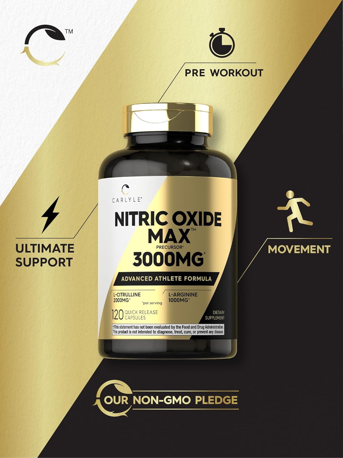 Carlyle Nitric Oxide Pre Workout Supplement 3000mg with L-Arginine & L-Citrulline - 120 Capsules, Non-GMO, Gluten Free