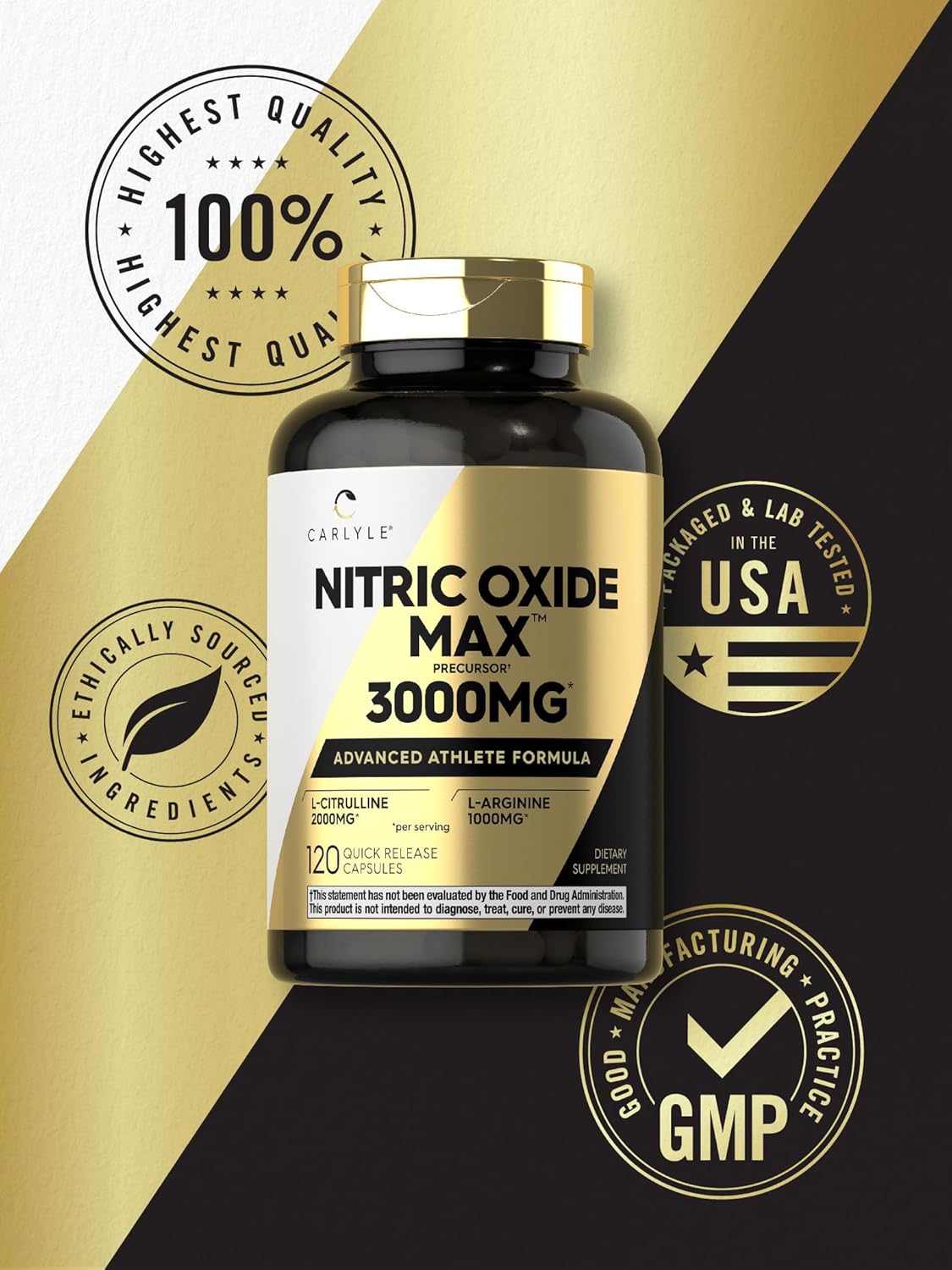 Carlyle Nitric Oxide Pre Workout Supplement 3000mg with L-Arginine & L-Citrulline - 120 Capsules, Non-GMO, Gluten Free