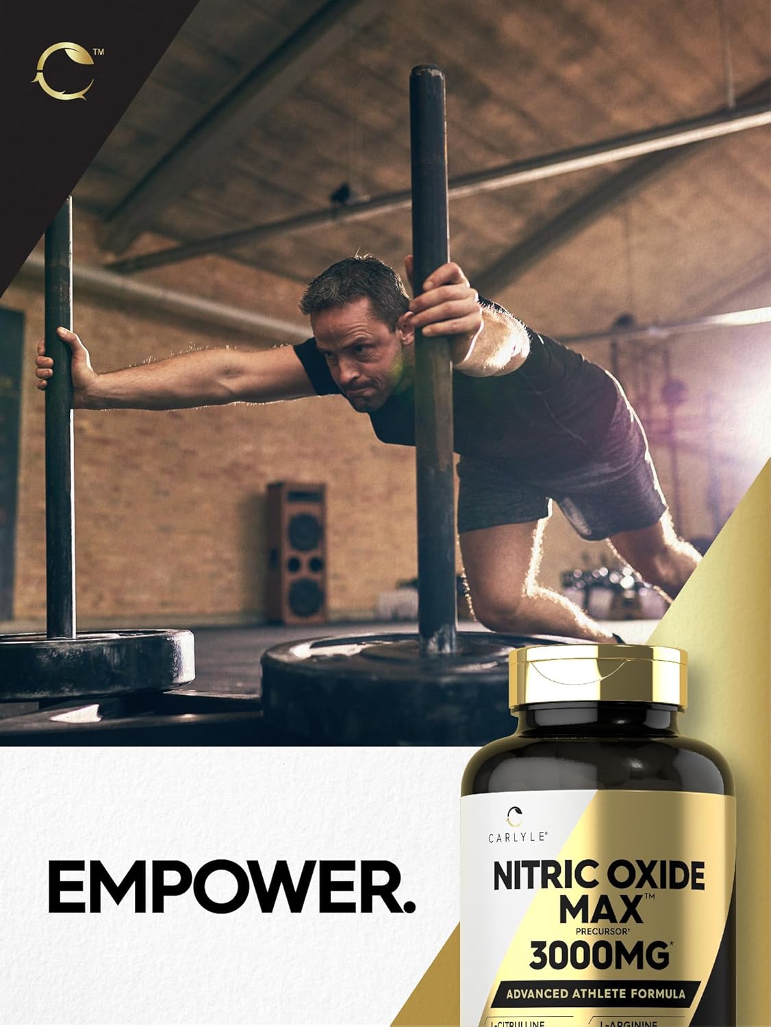 Carlyle Nitric Oxide Pre Workout Supplement 3000mg with L-Arginine & L-Citrulline - 120 Capsules, Non-GMO, Gluten Free