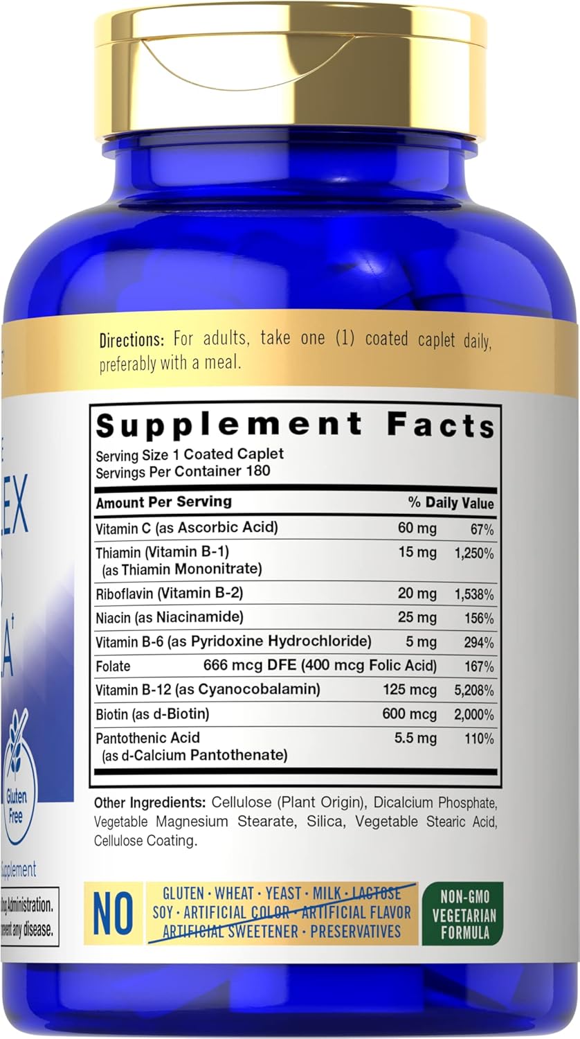 Carlyle Stress B-Complex Vitamin with Vitamin C | 180 Vegetarian Caplets | Non-GMO & Gluten Free Supplement