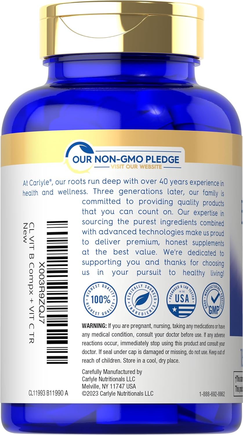 Carlyle Stress B-Complex Vitamin with Vitamin C | 180 Vegetarian Caplets | Non-GMO & Gluten Free Supplement