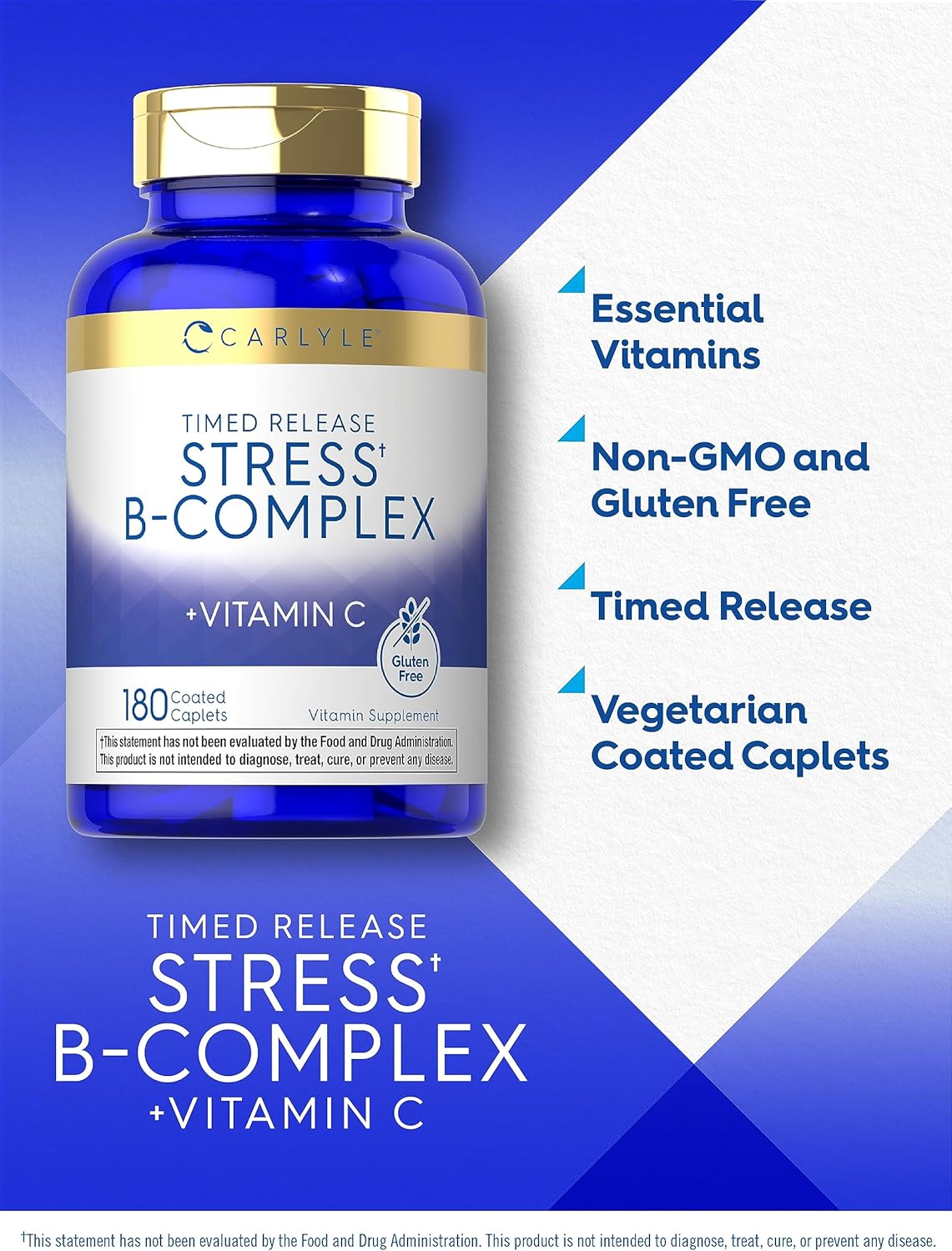 Carlyle Stress B-Complex Vitamin with Vitamin C | 180 Vegetarian Caplets | Non-GMO & Gluten Free Supplement