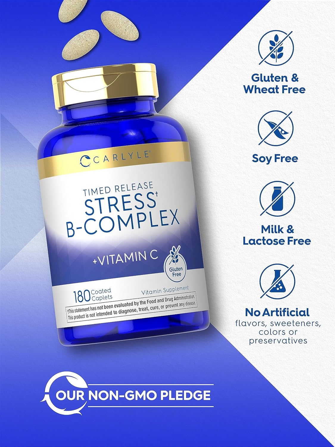 Carlyle Stress B-Complex Vitamin with Vitamin C | 180 Vegetarian Caplets | Non-GMO & Gluten Free Supplement