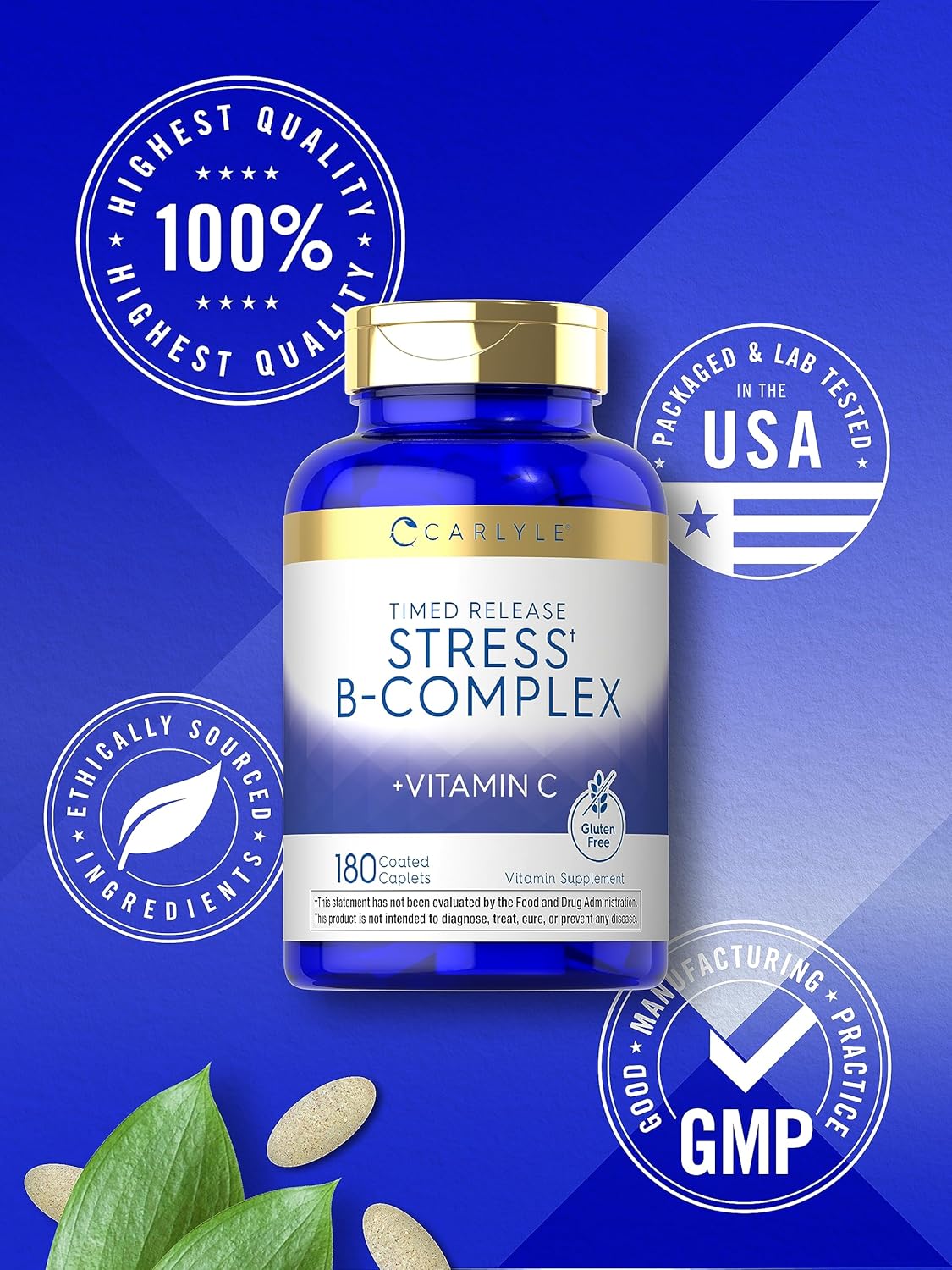Carlyle Stress B-Complex Vitamin with Vitamin C | 180 Vegetarian Caplets | Non-GMO & Gluten Free Supplement
