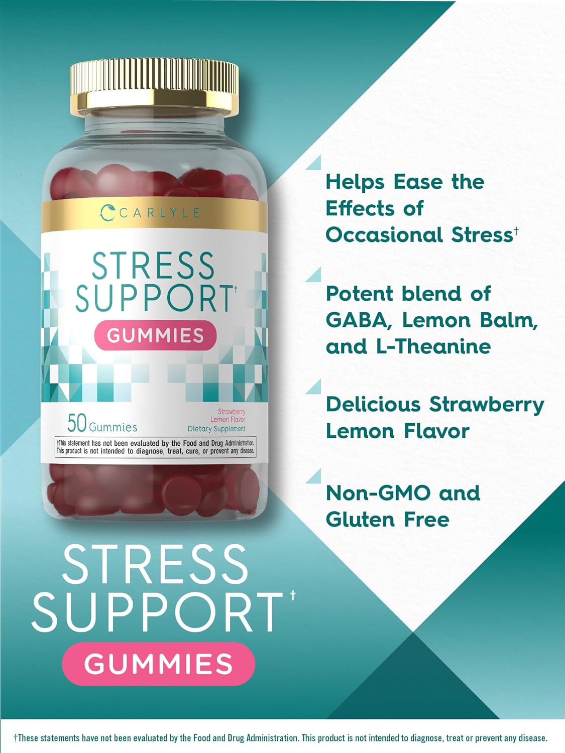 Carlyle Stress Support Gummies | 50 Count | GABA & L-Theanine | Strawberry Lemon | Non-GMO, Gluten-Free