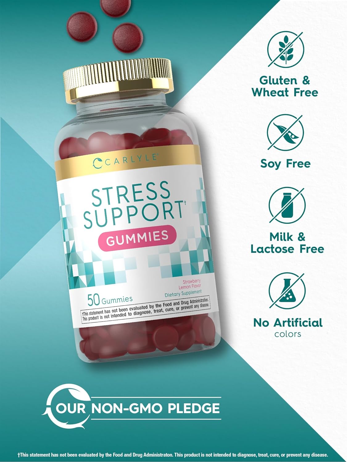 Carlyle Stress Support Gummies | 50 Count | GABA & L-Theanine | Strawberry Lemon | Non-GMO, Gluten-Free