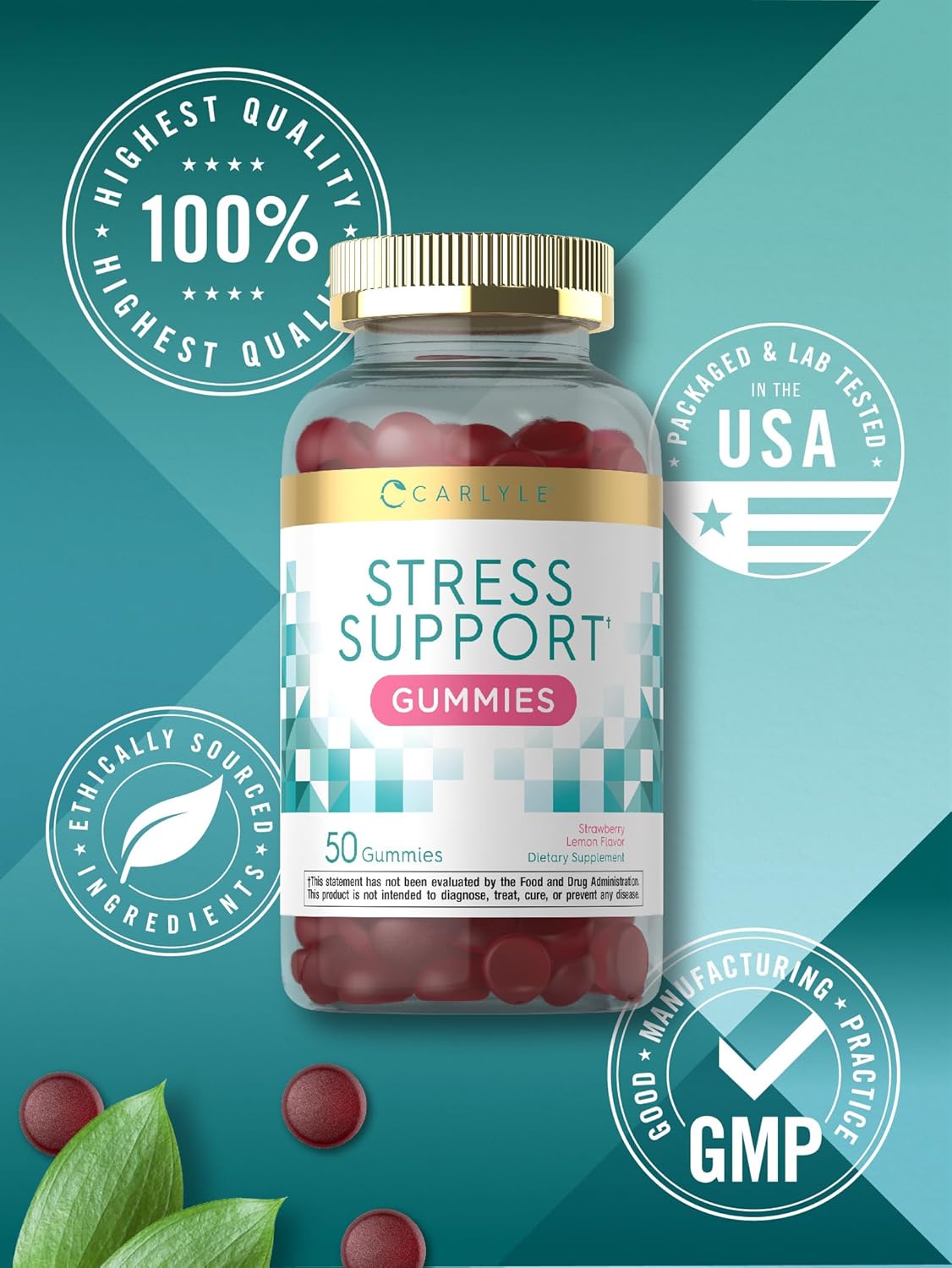 Carlyle Stress Support Gummies | 50 Count | GABA & L-Theanine | Strawberry Lemon | Non-GMO, Gluten-Free