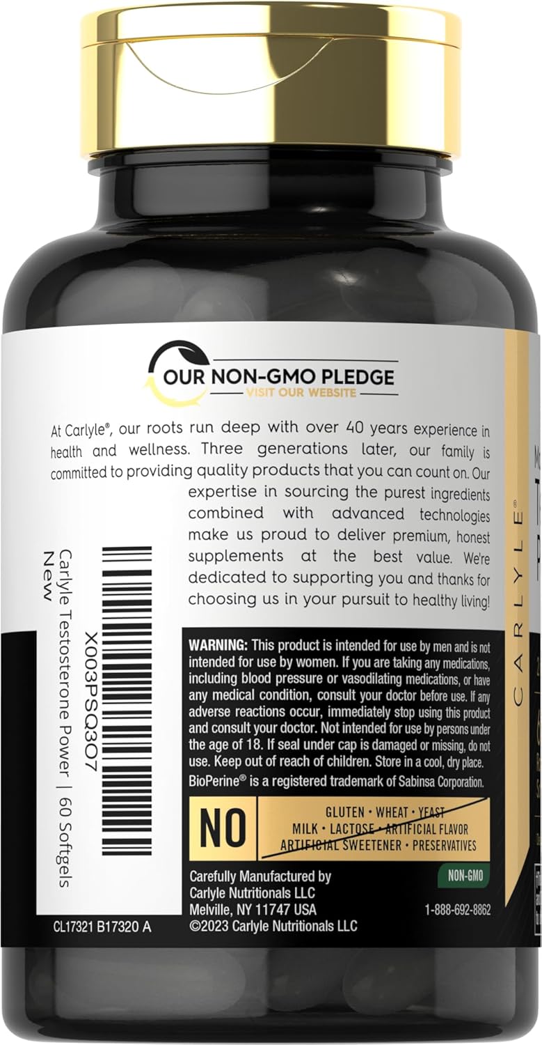 Carlyle Testosterone Boosting Supplement for Men - 60 Softgels, Non-GMO, Gluten-Free