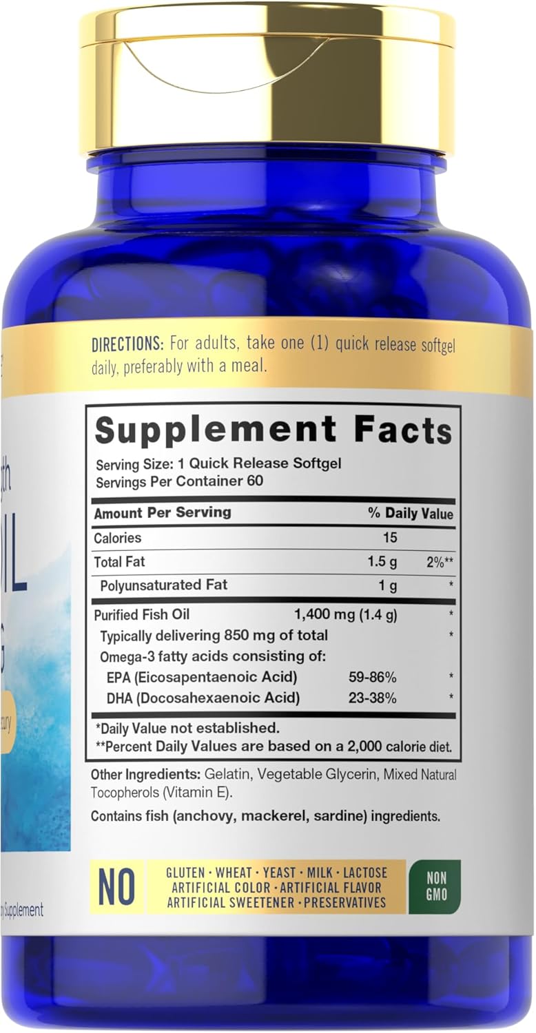 Carlyle Triple Strength Omega 3 Fish Oil Softgels - 1400mg, 60 Count - Non-GMO, Gluten Free Omega-3 Supplement